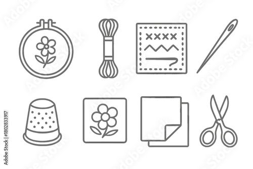 Embroidery Icons Collection. Line style icons of Embroidery: Hoop, Floss, Sampler, Needle, Thimble, Pattern, Fabric, Embroidery