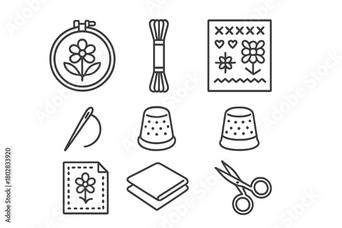 Embroidery Icons Collection. Line style icons of Embroidery: Hoop, Floss, Sampler, Needle, Thimble, Pattern, Fabric, Embroidery