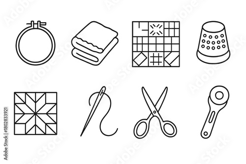 Quilting Tools Icons. Line style icons of Quilting: Quilting Hoop, Batting, Patchwork, Thimble, Quilt Pattern, Sewing Needle,