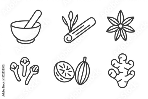 Spice Icon Collection. Line style icons of Spices: Mortar and Pestle, Cinnamon Stick, Saffron Thread, Star Anise, Cloves, Nutmeg,