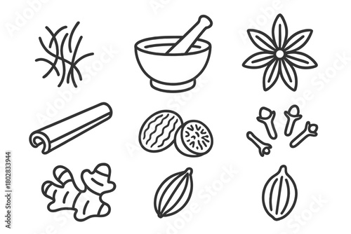 Spice Line Icons. Line style icons of Spices: Saffron Thread, Mortar and Pestle, Star Anise, Cinnamon Stick, Nutmeg, Cloves,