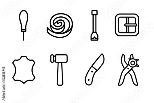 Leatherworking Tools Icons. Line style icons of Leatherworking: Awl, Leather Strap, Stamping Tool, Buckle, Leather Piece, Mallet,
