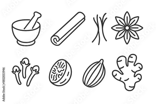 Spice Icon Collection. Line style icons of Spices: Mortar and Pestle, Cinnamon Stick, Saffron Thread, Star Anise, Cloves, Nutmeg,