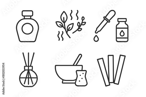 Perfumery Icons Collection. Line style icons of Perfumery: Scent Bottle, Notes of Fragrance, Pipette, Essential Oil, Diffuser,