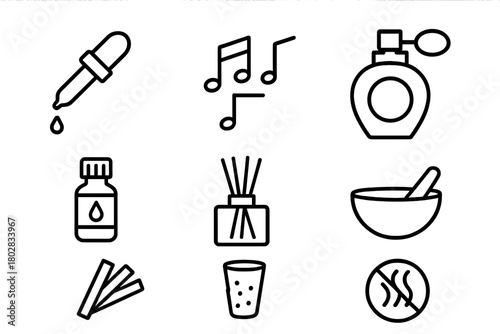 Perfumery Line Icons. Line style icons of Perfumery: Pipette, Notes of Fragrance, Scent Bottle, Essential Oil, Diffuser, Mixing