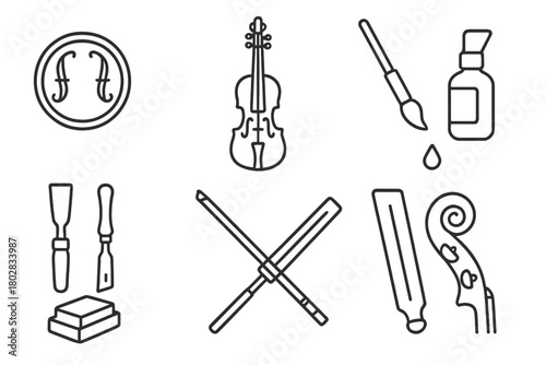 Luthier Tools Icons. Line style icons of Luthier: Soundhole, Violin, Varnish, Wood Carving Tools, Bow, Fingerboard, Rosin, Tuning