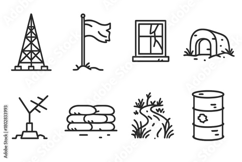 Forgotten Outpost Icons. Line style icons of Forgotten Outpost: Radio Tower, Windswept Flag, Cracked Window, Old Bunker, Broken