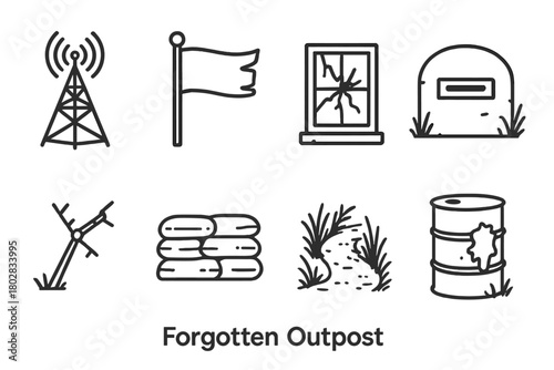 Forgotten Outpost Icons. Line style icons of Forgotten Outpost: Radio Tower, Windswept Flag, Cracked Window, Old Bunker, Broken