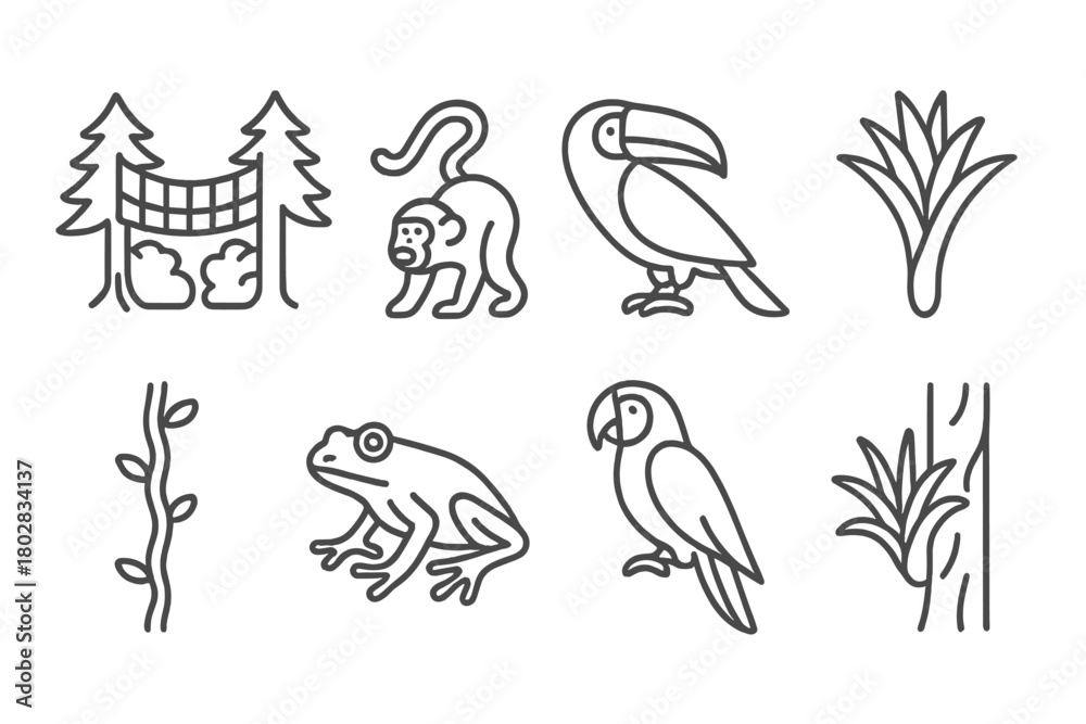 Naklejka premium Rainforest Line Icons. Line style icons of Rainforest Canopy: Canopy Walkway, Howler Monkey, Toucan, Bromeliad, Liana, Tree Frog,