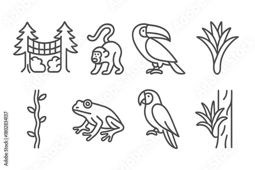Rainforest Line Icons. Line style icons of Rainforest Canopy: Canopy Walkway, Howler Monkey, Toucan, Bromeliad, Liana, Tree Frog,