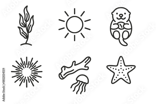 Kelp Forest Icons. Line style icons of Kelp Forest: Kelp Frond, Sunbeam, Sea Otter, Sea Urchin, Driftwood, Jellyfish, Seahorse,