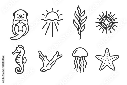 Kelp Forest Icons. Line style icons of Kelp Forest: Sea Otter, Sunbeam, Kelp Frond, Sea Urchin, Seahorse, Driftwood, Jellyfish,
