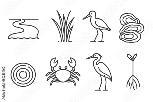 Estuary Line Icons. Line style icons of Estuary: River Mouth, Marsh Grass, Wading Bird, Oyster Bed, Water Ripple, Crab, Heron,