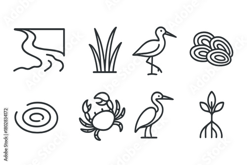 Estuary Line Icons. Line style icons of Estuary: River Mouth, Marsh Grass, Wading Bird, Oyster Bed, Water Ripple, Crab, Heron,