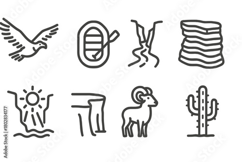 Canyon Line Icon Set. Line style icons of Canyon: Condor, Raft, River, Layer of Rock, Sunbeam, Cliff Edge, Bighorn Sheep, Cactus,