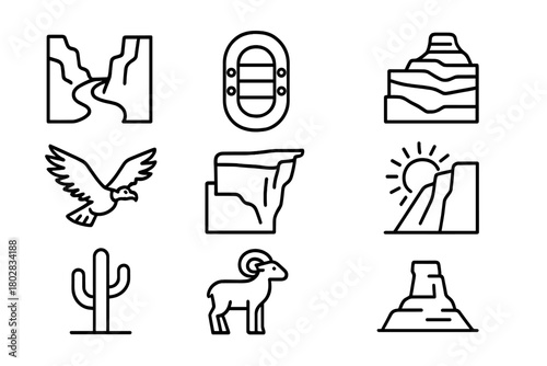 Canyon Icon Set. Line style icons of Canyon: River, Raft, Layer of Rock, Condor, Cliff Edge, Sunbeam, Cactus, Bighorn Sheep, No