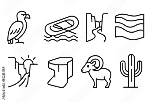 Canyon Line Icon Set. Line style icons of Canyon: Condor, Raft, River, Layer of Rock, Sunbeam, Cliff Edge, Bighorn Sheep, Cactus,