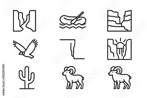Canyon Icon Set. Line style icons of Canyon: River, Raft, Layer of Rock, Condor, Cliff Edge, Sunbeam, Cactus, Bighorn Sheep, No