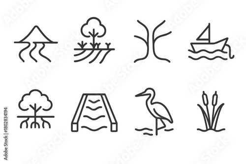 Delta Icons Collection. Line style icons of Delta: Sediment, Fertile Land, Distributary, Fishing Boat, Mangrove, Water Channel,