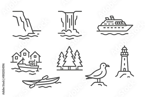 Fjord Line Art. Line style icons of Fjord: Steep Cliff, Waterfall, Cruise Ship, Fishing Village, Pine Forest, Kayak, Seabird,