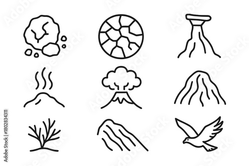 Volcanic Badlands Icons. Line style icons of Alpine Meadow: Alpine Horn, Mountain Goat, Shepherd, Edelweiss, Pine Tree, Rock