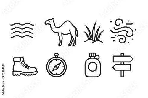 Desert Adventure Icons. Line style icons of Chaparral: Drought-Resistant Plants, Wildfire, Coyote, Rocky Soil, Sagebrush, Sun,