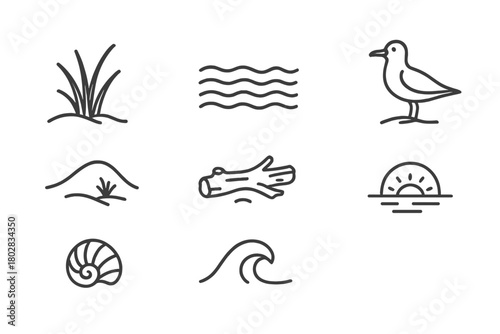 Coastal Dune Icons. Line style icons of Tropical Bog: Pitcher Plant, Peat, Sphagnum Moss, Frog, Water Lilies, Reeds, Dragonfly,