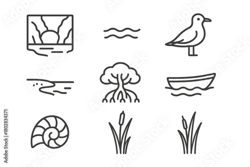 Hidden Lagoon Icons. Line style icons of Wildlife Iceberg: Seal, Penguin, Polar Bear, Floating Ice, Iceberg Tip, Underwater Mass,