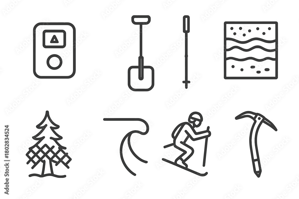 Obraz premium Avalanche Rescue Icons. Line style icons of Avalanche Rescue: Rescue Beacon, Shovel, Probe, Snowpack, Buried Tree, Cornice, Skier,