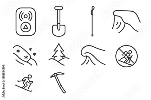 Avalanche Rescue Icons. Line style icons of Avalanche Rescue: Rescue Beacon, Shovel, Probe, Snowpack, Buried Tree, Cornice, Skier,