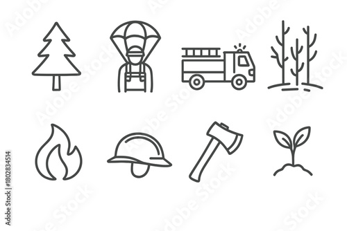 Northern Wildfire Icons. Line style icons of Northern Wildfire: Conifer Tree, Smoke Jumper, Fire Truck, Burned Forest, Flame,