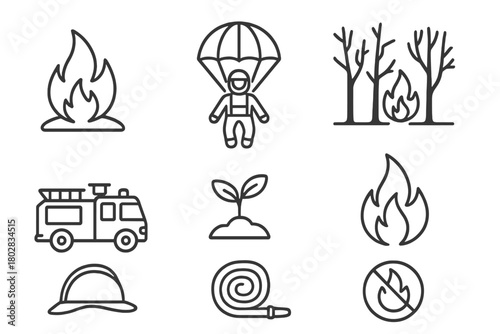 Forest Fire Icons. Line style icons of Forest Fire: Blaze, Smoke Jumper, Burned Forest, Fire Truck, New Growth, Flame, Helmet,