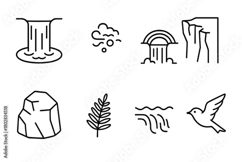 Waterfall Icon Collection. Line style icons of Waterfall: Plunge Pool, Mist, Rainbow, Cliff Face, Rock, Fern, Flowing Water, Bird,