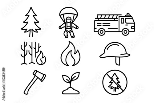 Northern Wildfire Icons. Line style icons of Northern Wildfire: Conifer Tree, Smoke Jumper, Fire Truck, Burned Forest, Flame,