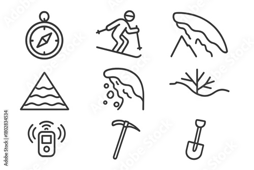 Avalanche Adventure Icons. Line style icons of Avalanche Adventure: Compass, Skier, Snowpack, Cornice, Buried Tree, Rescue Beacon,