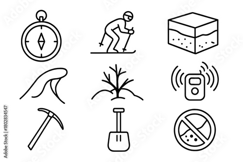 Avalanche Adventure Icons. Line style icons of Avalanche Adventure: Compass, Skier, Snowpack, Cornice, Buried Tree, Rescue Beacon,