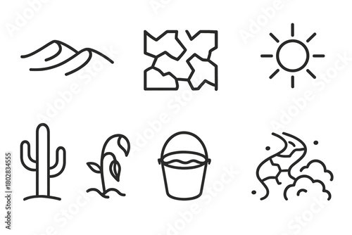 Desert Drought Icons. Line style icons of Desert Drought: Sand Dune, Cracked Earth, Wilted Plant, Sun, Cactus, Water Bucket, Dry