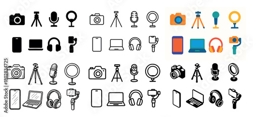 Icon set: camera, microphone, laptop
