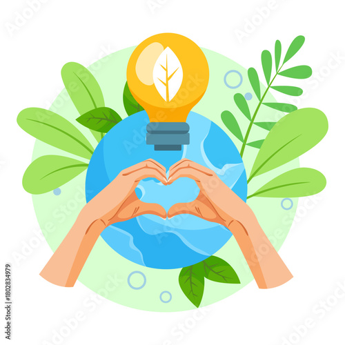 Hands forming heart in front of Earth with leaves and light bulb on white background. Concept of green energy and environmental love. Vector illustration