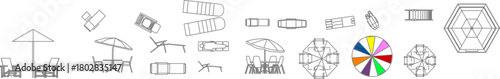 Top-down and side-view vector set of outdoor furniture, including sun loungers, umbrellas, and patio tables for landscape plans.
