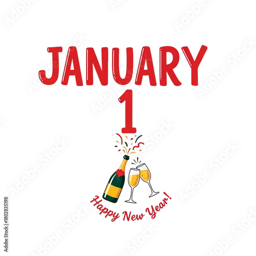 January 1 text with champagne bottle celebrating New Year.