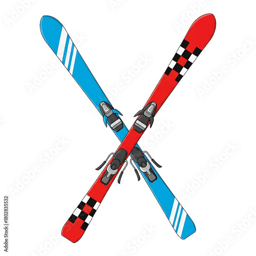 Crossed skis in red and blue with detailed bindings.