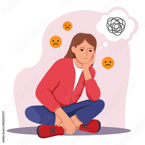 Unhappy girl sitting cross-legged looking stressed and anxious with sad emojis around her, flat cartoon style on light background. Concept of depression. Vector illustration