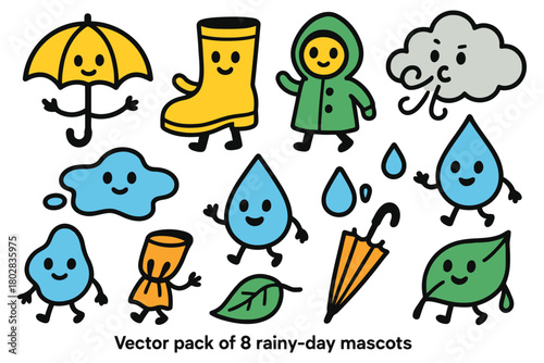 A collection of adorable hand-drawn vector illustrations featuring anthropomorphic rainy day elements like smiling clouds and raindrops.