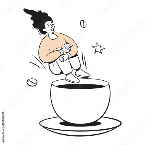 Cheerful woman jumping into a huge coffee cup, flat cartoon style, on white background. Concept of energy boost and love for coffee. Vector illustration