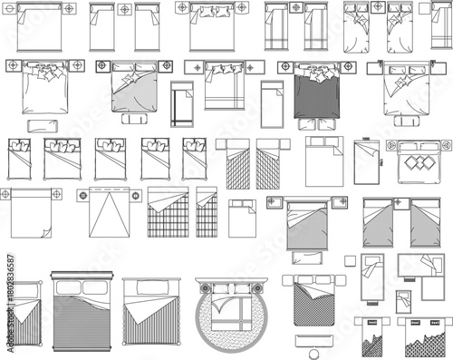 Extensive top-view vector library of beds, showing varied bedding styles, sizes, and arrangements for architectural floor plans.