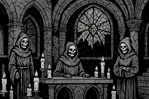 Haunted Monastery Art. Haunted monastery with shattered stained glass, skeletal monks, and glowing candles flickering, black and