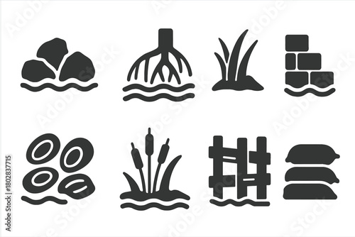 Coastal Protection Icons. Solid style icons of Coastal Protection: breakwater, mangrove roots, dune grass, seawall, oyster reef,