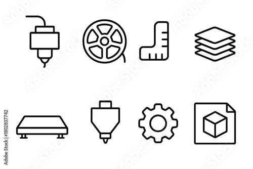 3D Printing Icons. Line style icons of 3D Printing: Extruder, Filament, Printed Part, Layer Stack, Build Plate, Nozzle, Gear,