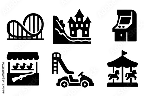 Amusement Park Icons. Solid style icons of Amusement Park Classics: roller coaster, log flume, haunted house, arcade machine,